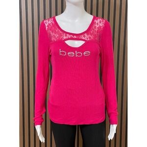 Bebe Women's L Pink Blouse Top Rhinestone Ribbed Cutout Y2k Vintage‎